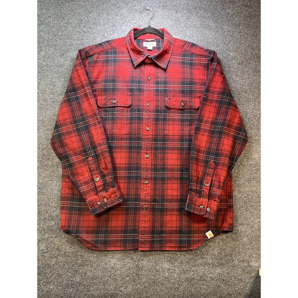 Carhartt Men's XL Original Fit Flannel Plaid Heavy Duty Button Up Shirt Red/Blk
